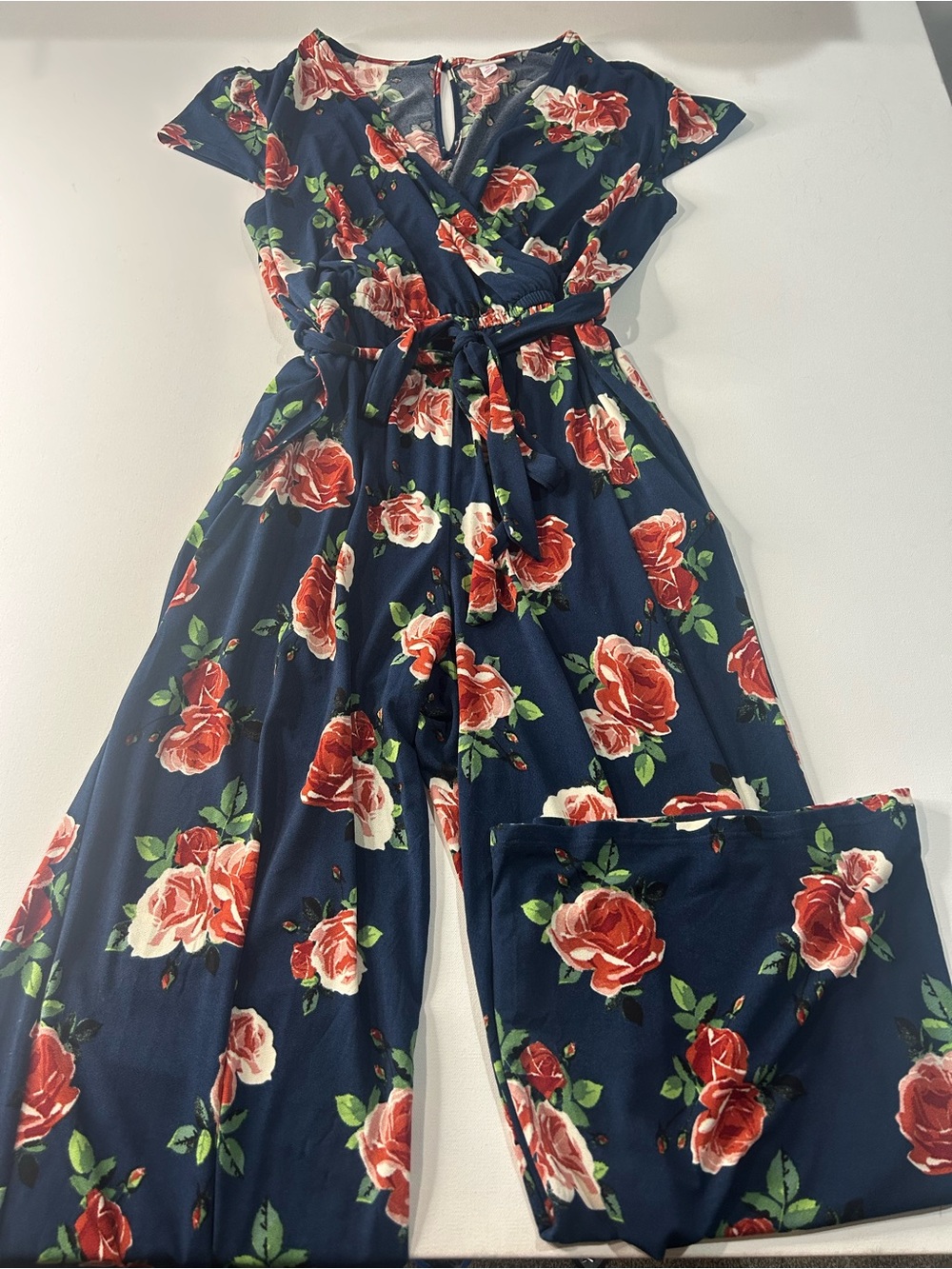 LuLaRoe Medium Navy Jumpsuit with Red and Cream Rose Print